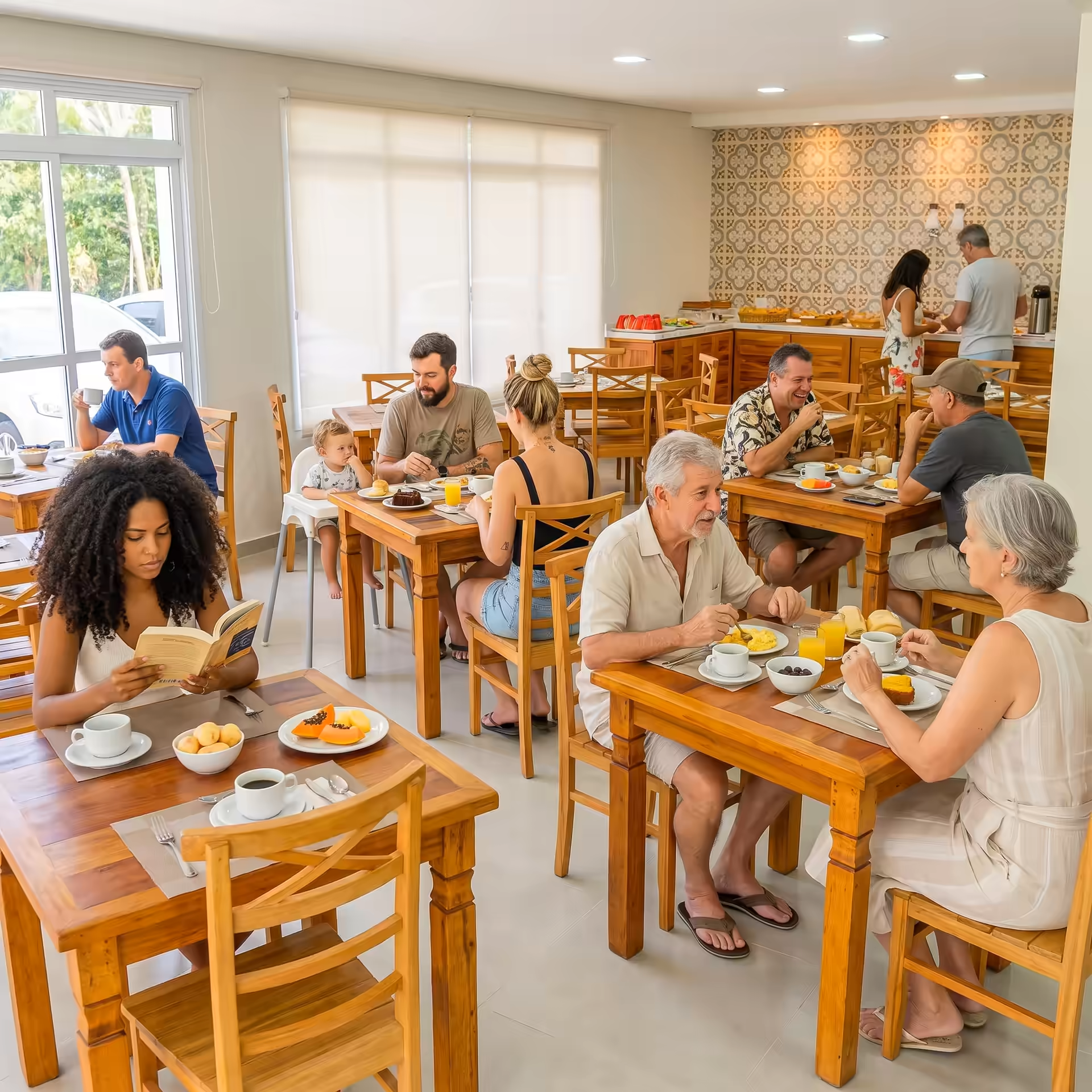 Hóspedes tomando café da manhã em família no salão da Pousada Aquino Mar